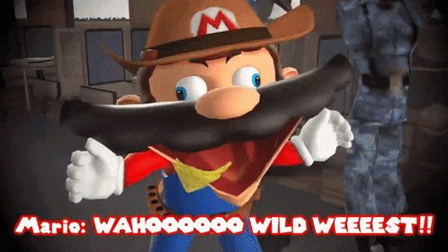 a cartoon of mario with a cowboy hat and a mustache says mario wahoooo wild weeeeest