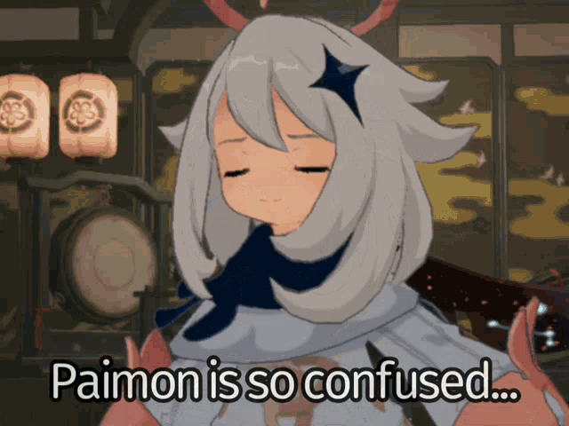 a cartoon character with the words paimon is so confused on the bottom