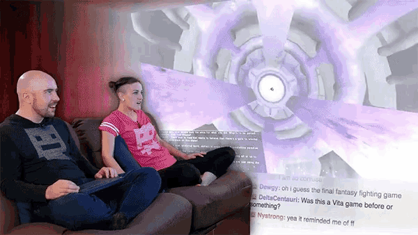 a man and a woman are sitting on a couch in front of a screen that says deltacenturion