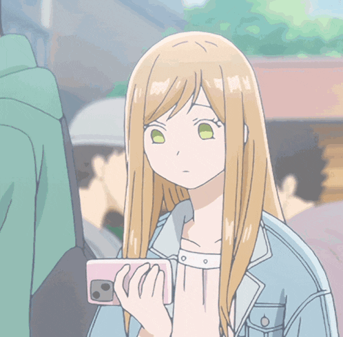 a blonde anime girl with green eyes is holding a pink phone
