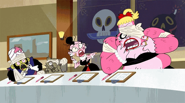 a group of cartoon characters sitting at a table with clipboards