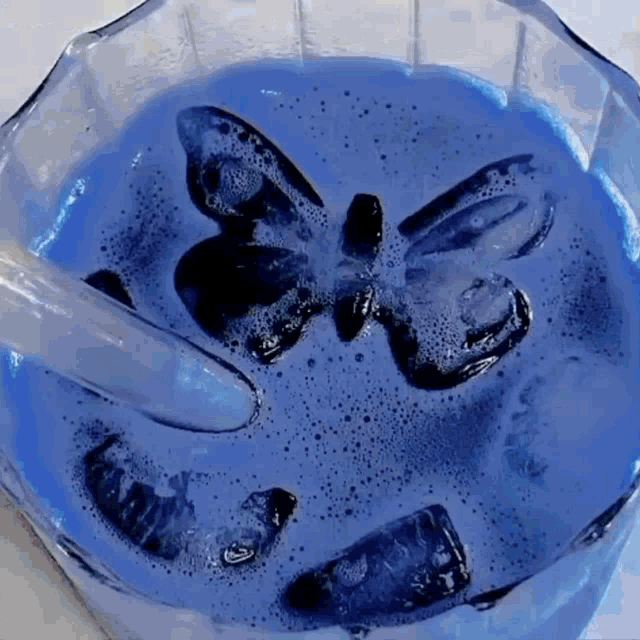 a bowl of blue liquid with ice and a butterfly on top