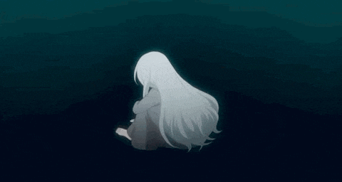 a cartoon girl with long white hair is sitting on the ground in the dark .