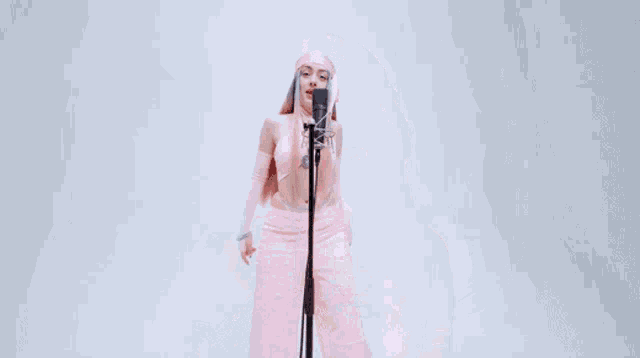 a woman singing into a microphone with the words hey lil bitch written above her
