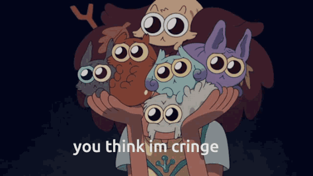 a cartoon of a person holding a bunch of animals with the words " you think im cringe " on the bottom