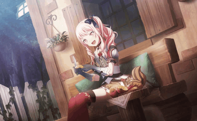 a girl with pigtails is sitting on a bench with a squirrel