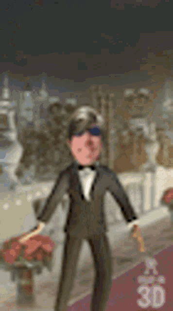 a cartoon man in a tuxedo and bow tie is standing on a red carpet .