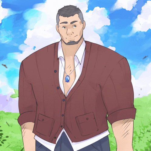 a drawing of a man wearing a cardigan and a necklace