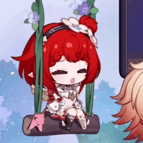 a little girl with red hair is sitting on a swing with flowers in her hair .