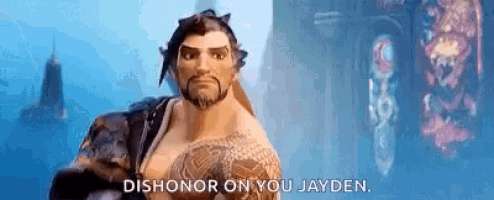 a cartoon character with a beard and tattoos is standing in front of a building and saying dishonor on you jayden .