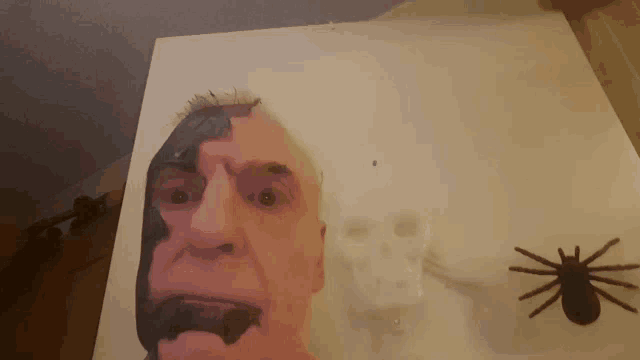 a man with black paint on his face is standing next to a skull and two spiders