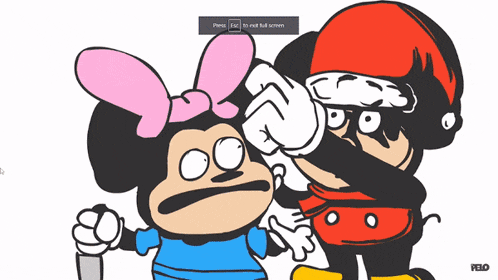 a cartoon of mickey mouse and minnie mouse with the words press esc to exit full screen visible