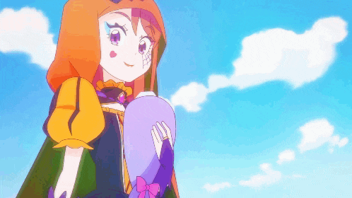 a cartoon girl with purple eyes is holding a purple object in her hands