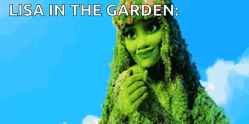 a cartoon of a woman with green hair and the words lisa in the garden