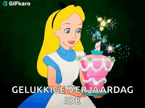 a cartoon of alice in wonderland holding a birthday cake