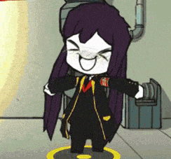 a cartoon character with long purple hair is standing in a circle with her arms outstretched and smiling .