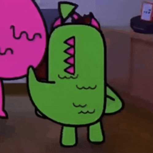 a green cartoon character with pink teeth is standing next to a pink cartoon character ..