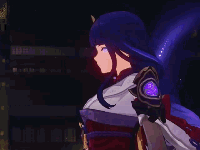 a cartoon character with purple hair and horns is standing in the dark