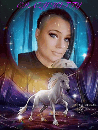 a picture of a woman and a unicorn with the words photolab.com