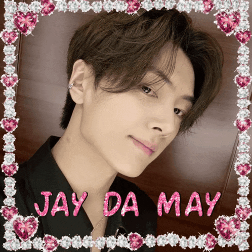 a picture of jay da may surrounded by pink hearts