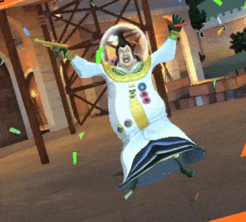 a cartoon character in a space suit with the number 100 on his chest