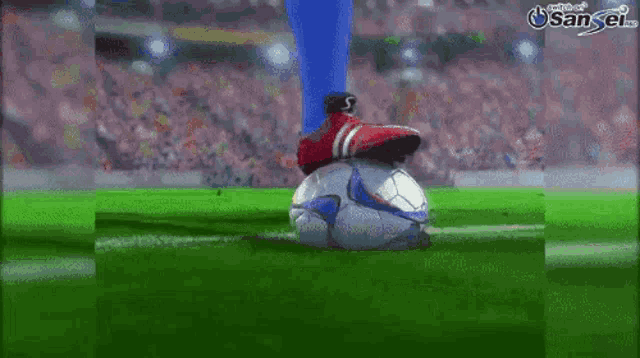 a soccer player is kicking a soccer ball on a field with a sansel logo