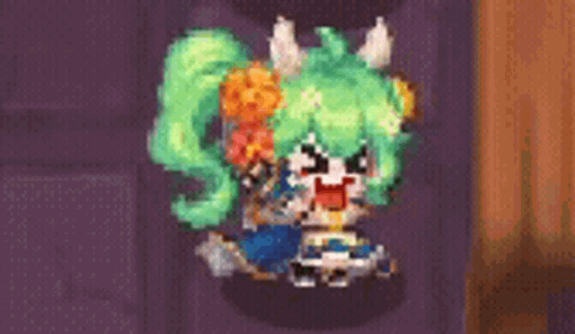 a pixel art of a girl with green hair and horns is sitting on a purple surface .