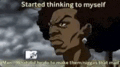 a black and white cartoon of a man with an afro and the words `` started thinking to myself ''