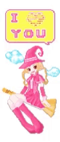 a girl in a pink witch costume is flying on a broom with a speech bubble that says i love you