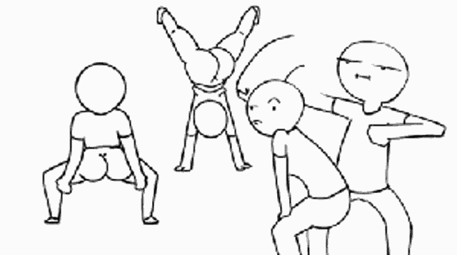 a black and white drawing of a group of people doing handstands and squats .