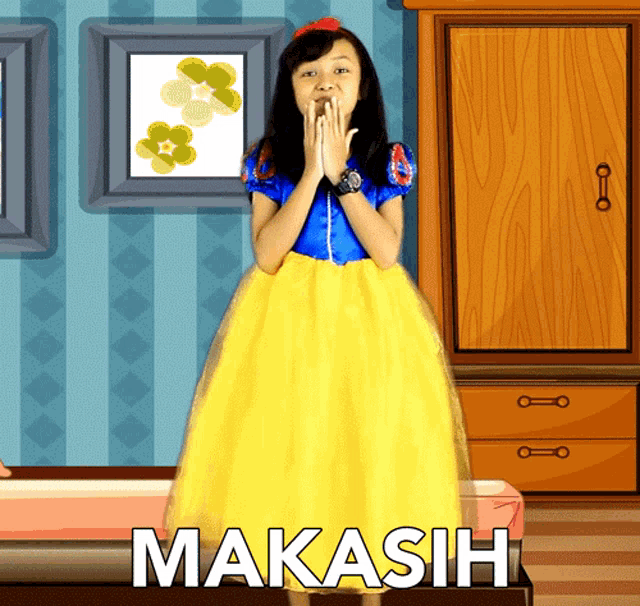 a girl in a snow white costume is standing in a room with the word makasih written on the bottom