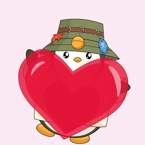 a penguin wearing a hat is holding a large heart