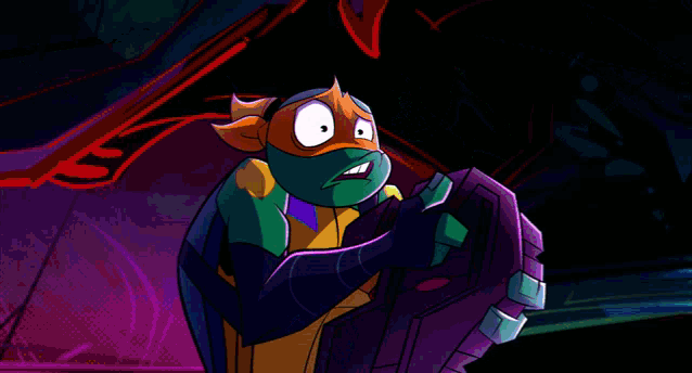 a cartoon character is standing in front of a green and purple monster that says " am " on the bottom