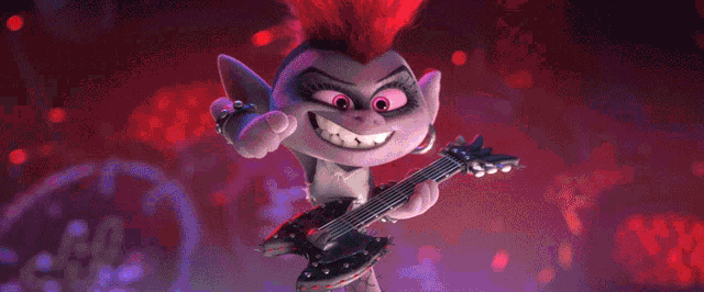 a troll with a red mohawk is playing a guitar on a stage .
