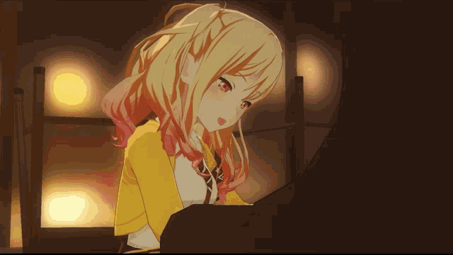 a girl with long blonde hair is sitting at a piano