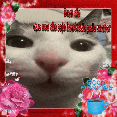 a picture of a cat with flowers and a cup of coffee says good morning