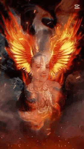a painting of a man with fire wings on his head .