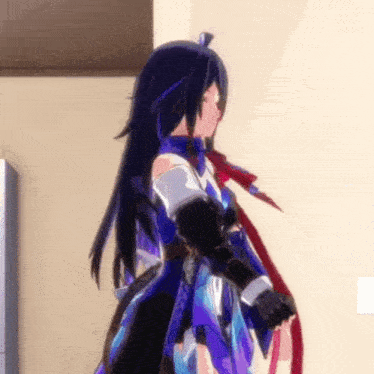 a girl with long black hair is standing in a room holding a sword .