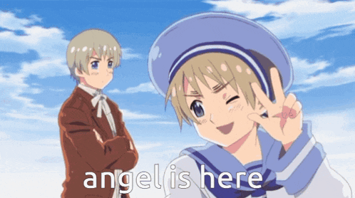 two anime characters are standing next to each other with the words angel is here on the bottom