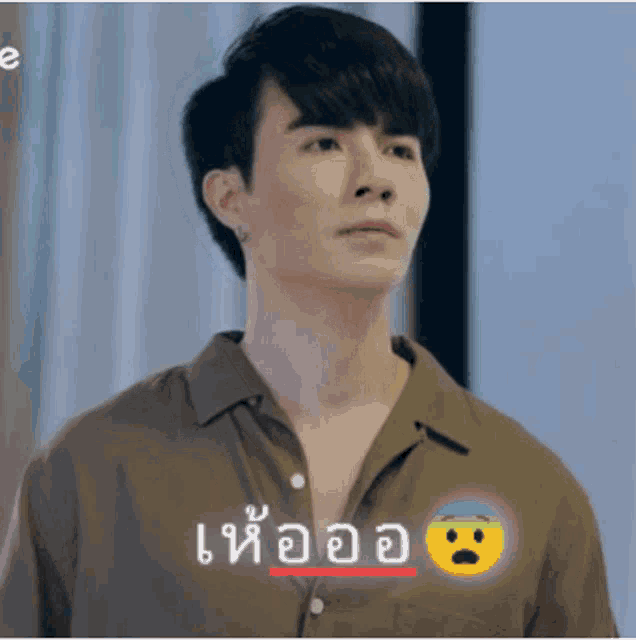 a man in a brown shirt is standing in front of a window with a smiley face on his chest .