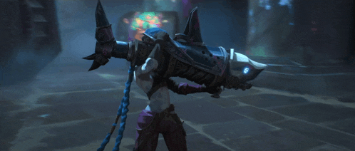 a video game character is holding a giant shark shaped weapon