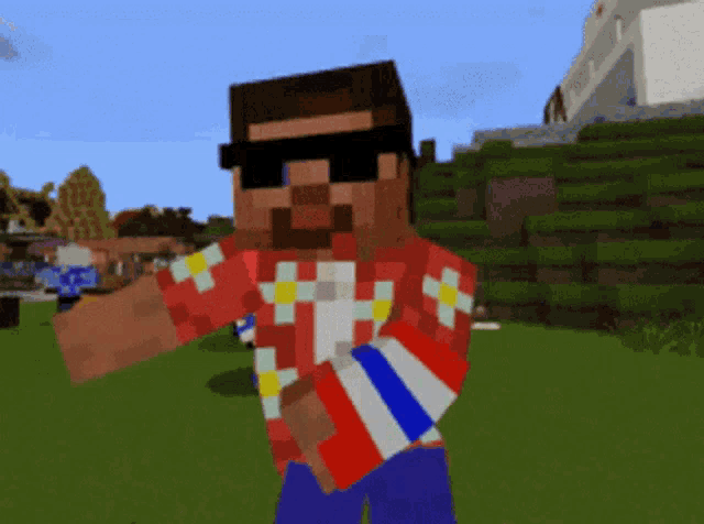 a minecraft character wearing sunglasses and a red and white shirt with the letter k on it