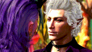 a man with white hair and purple hair looks at a woman with purple hair