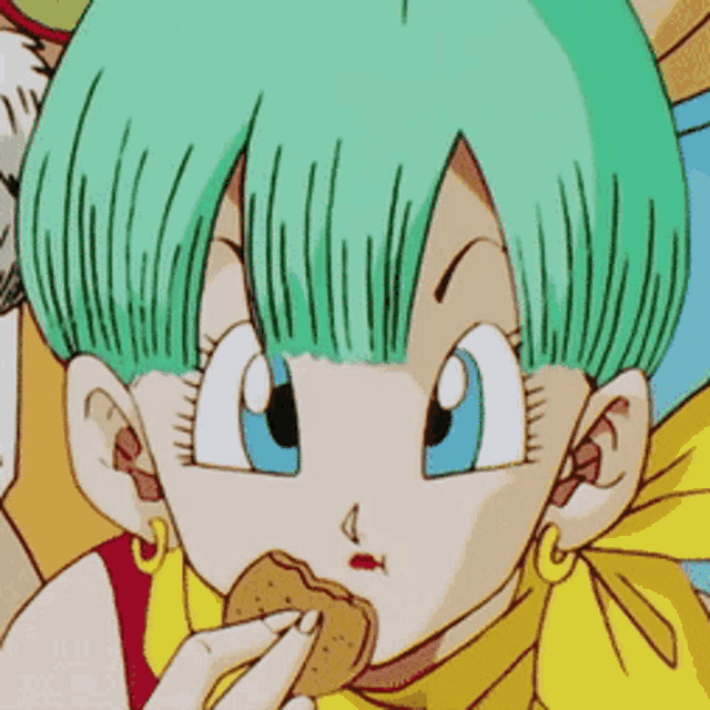 a cartoon girl with green hair and blue eyes eating a cookie