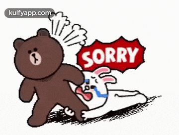 a brown bear is standing next to a white rabbit with a speech bubble that says `` sorry '' .