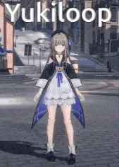 a girl in a dress is standing on a street in front of a sign that says yukiloop