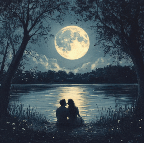 a man and a woman are sitting in front of a full moon