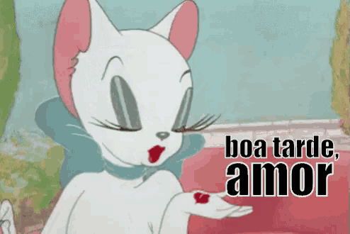 a cartoon cat is holding a heart in her hand and the words boa tarde amor are above her