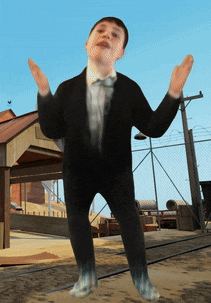 a man in a suit and bow tie is standing in front of a building with his arms outstretched