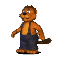a cartoon beaver wearing blue overalls is standing on a white surface .